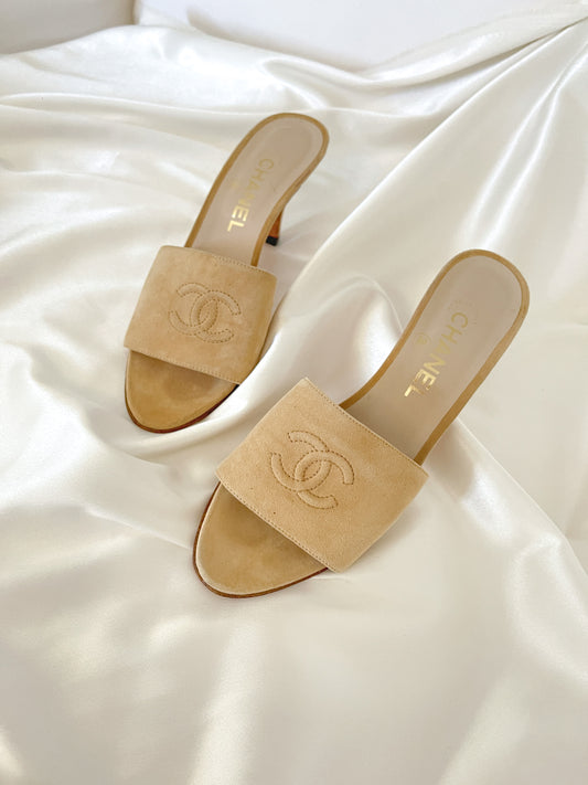 Vintage CHANEL Logo Suede Mule Sandals