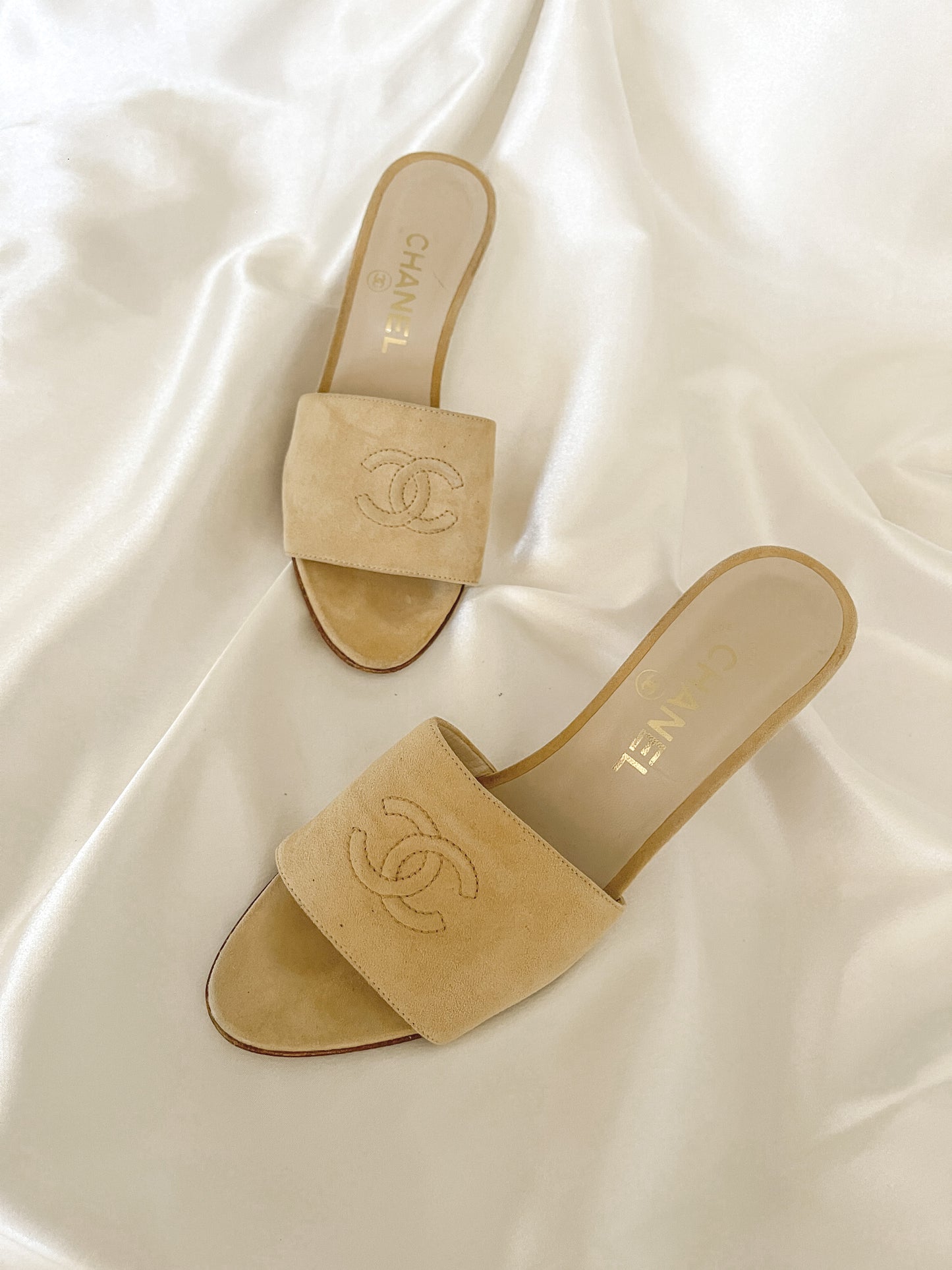 Vintage CHANEL Logo Suede Mule Sandals