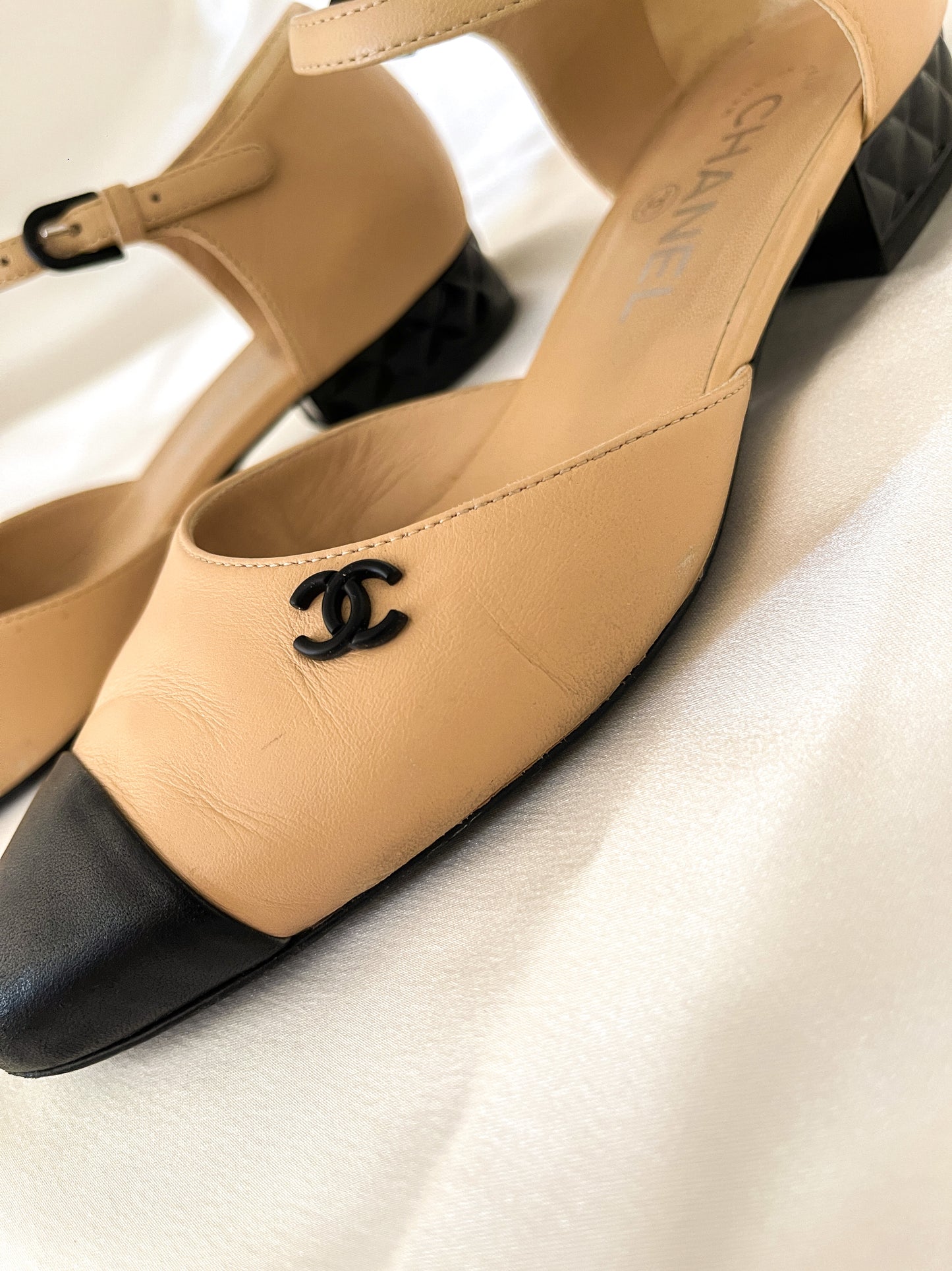 CHANEL Cap Toe Logo Mary Jane Flats